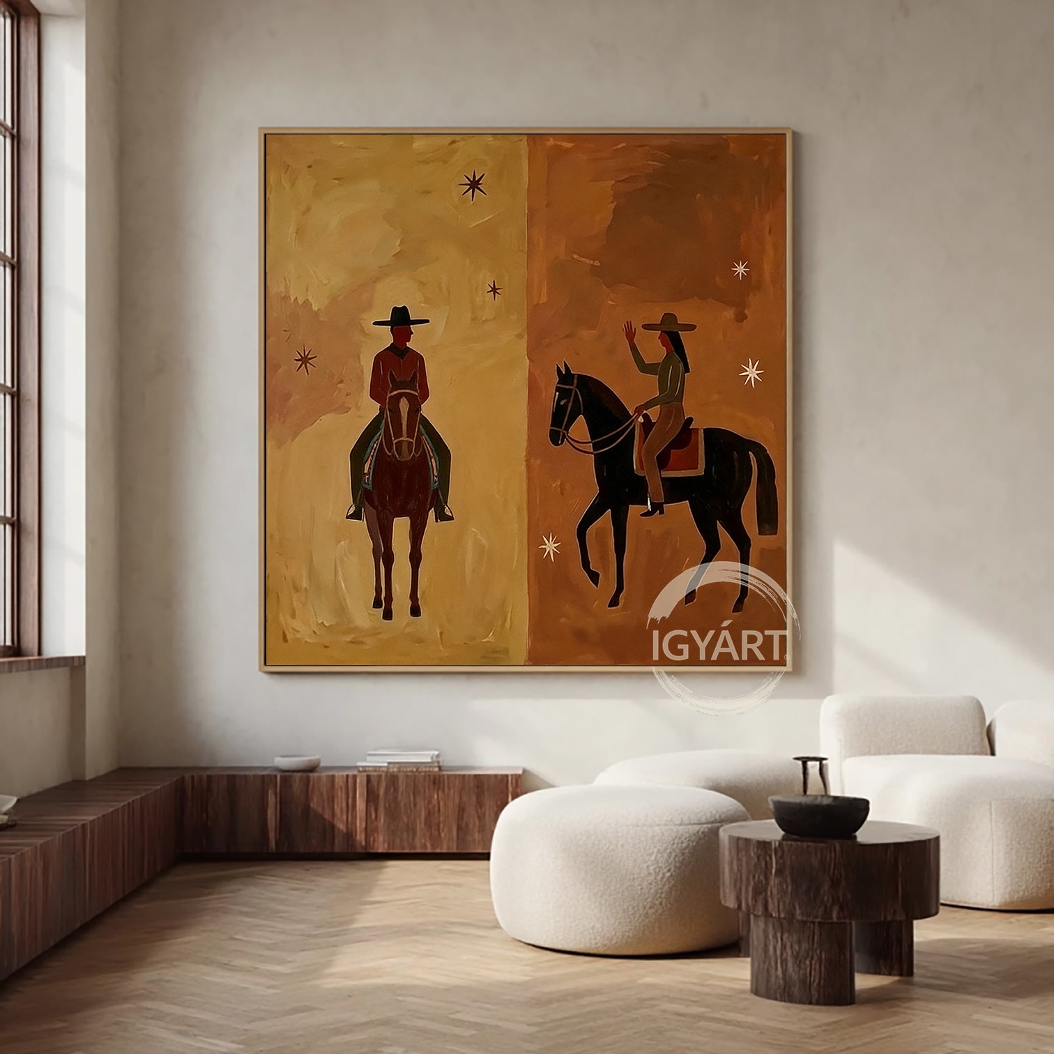 Hand-painted oil painting of a cowboy and cowgirl facing each other on horseback, split background in tan and brown with minimalist stars, Southwestern modern art style.