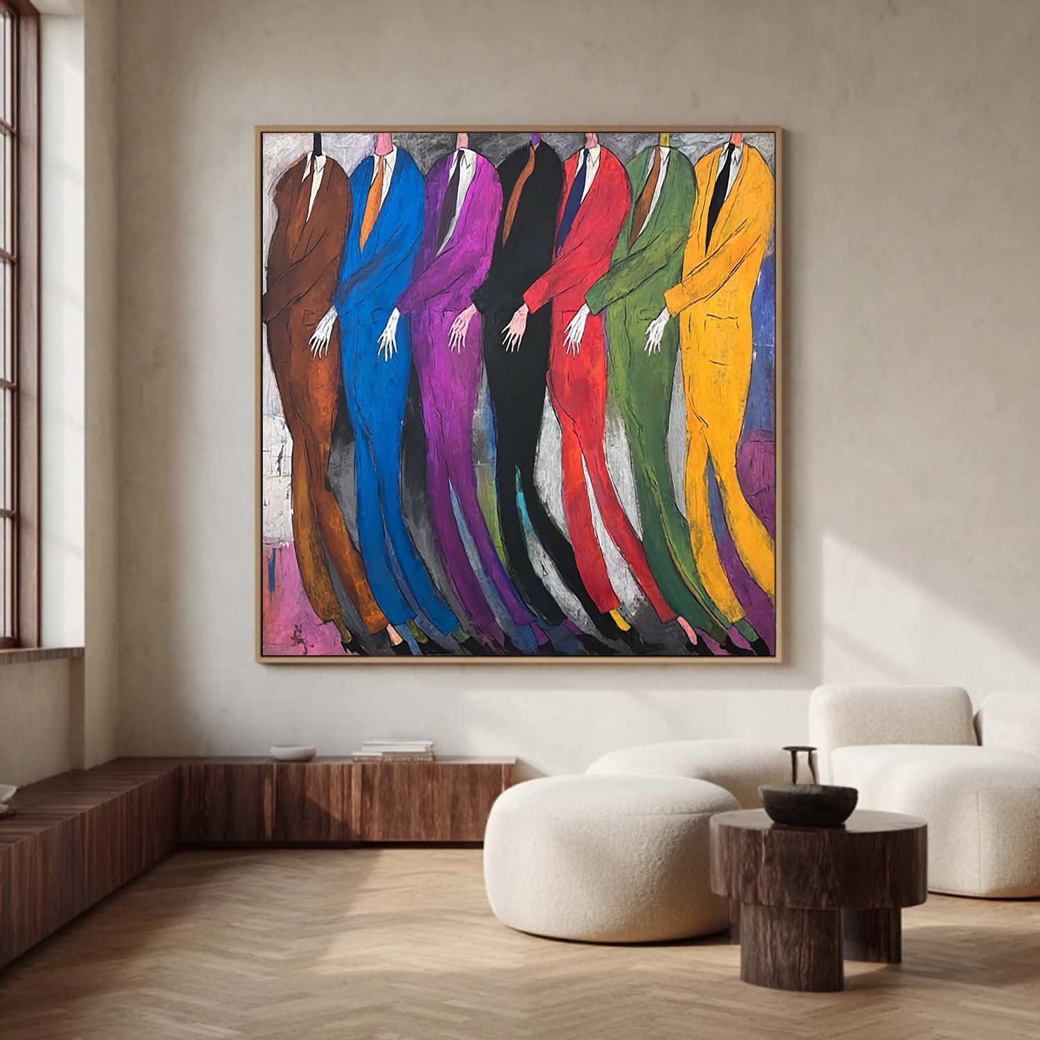Hand-Painted Colorful Abstract Men in Suits Oil Painting - Expressionist Figurative Wall Art