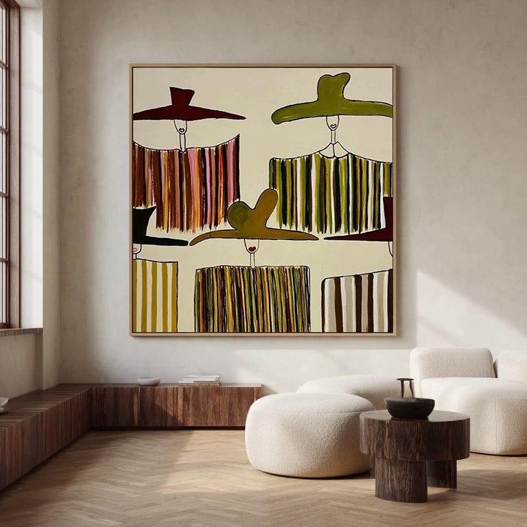 Olive Green figure Abstract Painting Mid-Century Modern Farmhouse wall decor for dining room