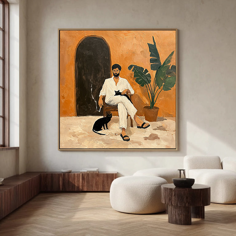 Minimalist Portrait with Black Cat - Wabi-Sabi Art Decor, Textured Earthy Tones