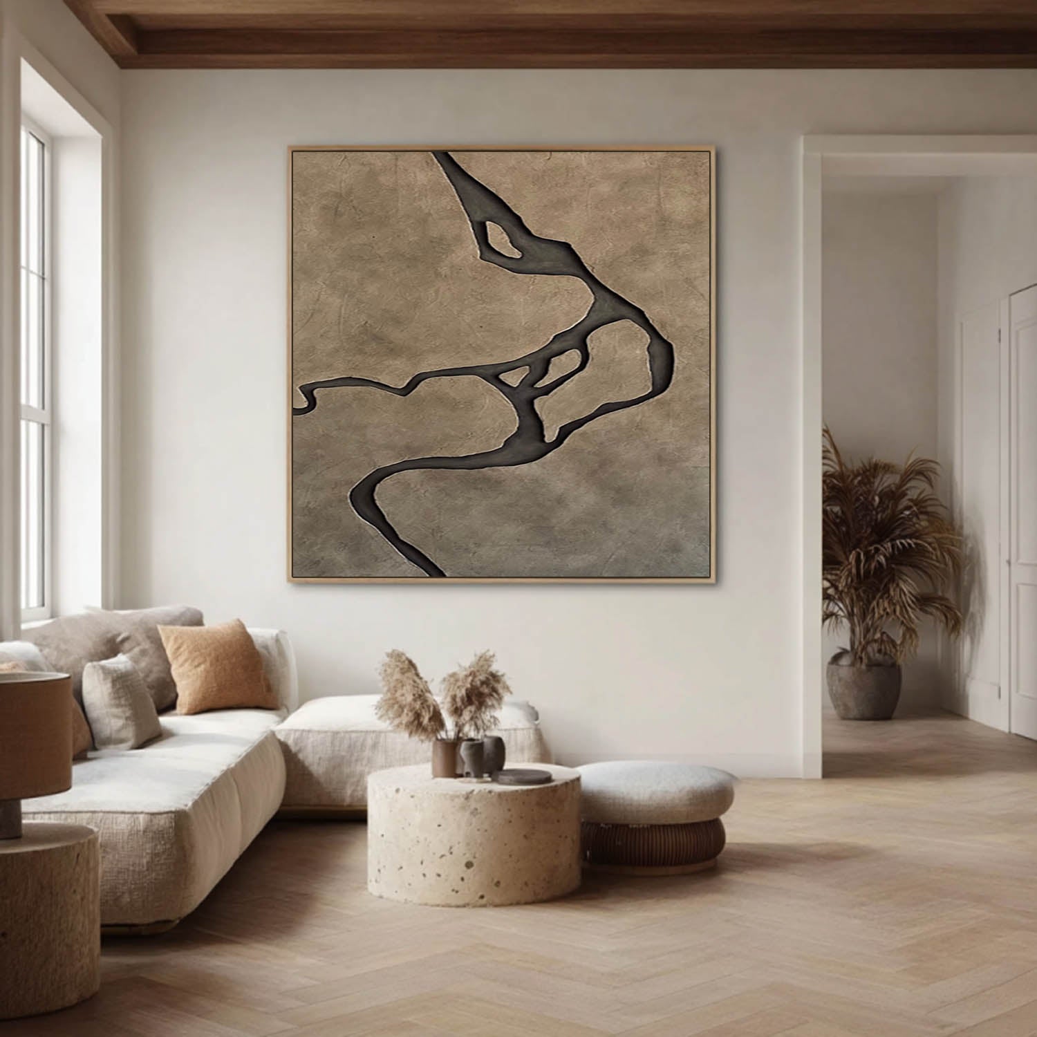 Earth Tone Japandi style 3D Wood Wall Art Wabi-Sabi River Relief for Living Room