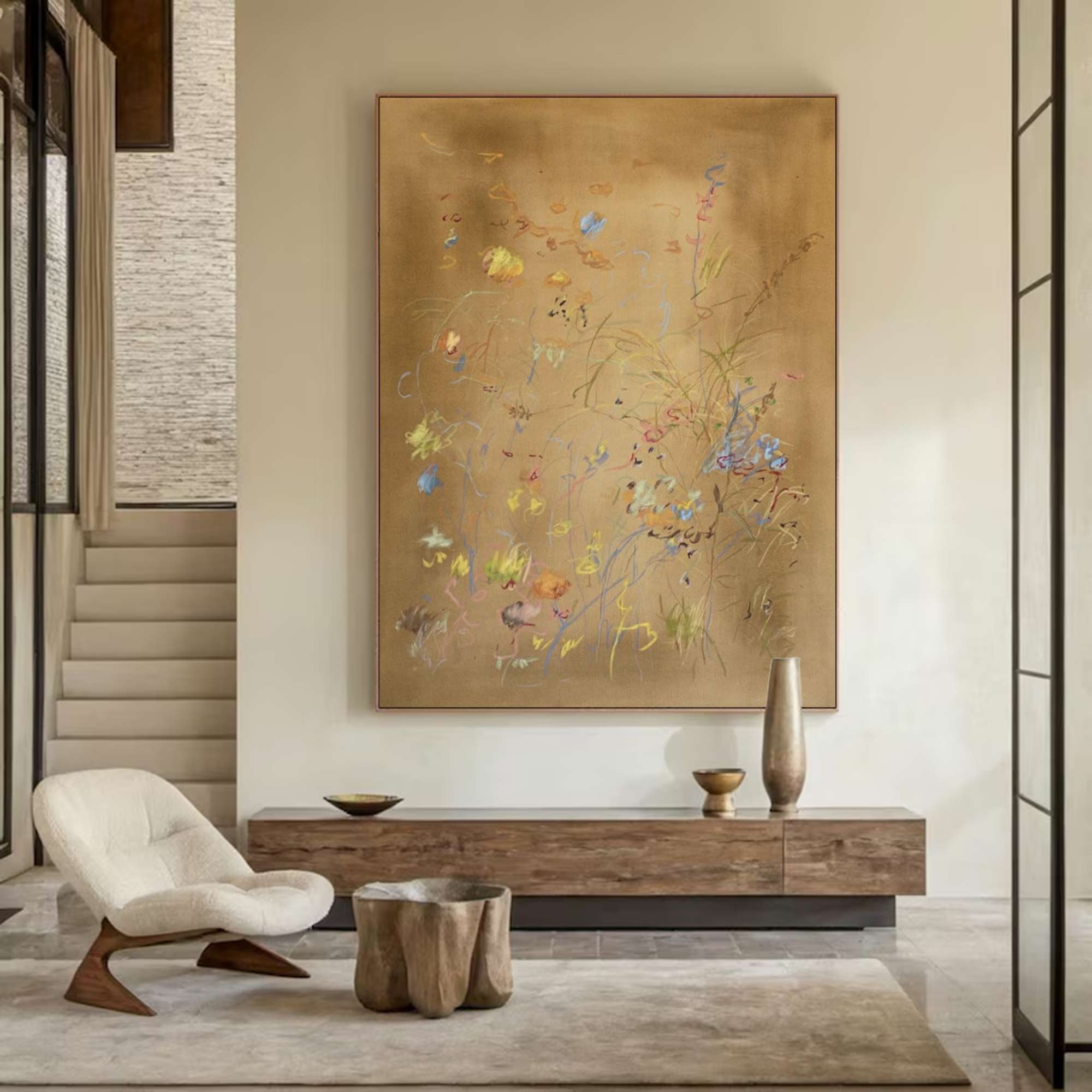 Earth color flower painting brown abstract painting, brown plant wall painting