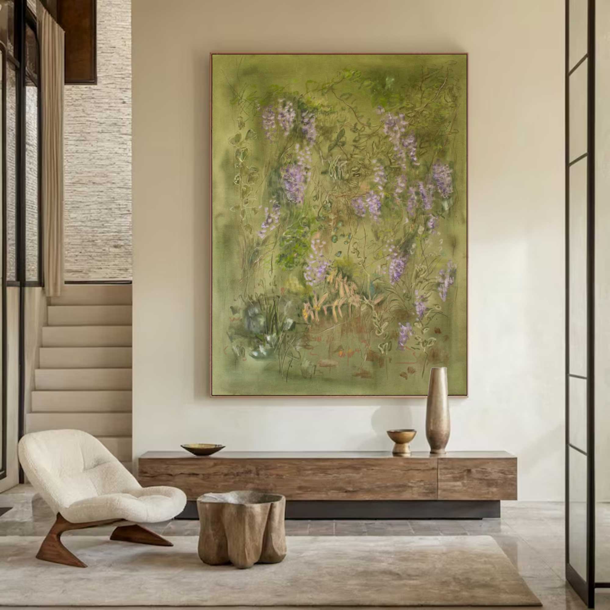 flower painting Green abstract painting, green plant wall painting