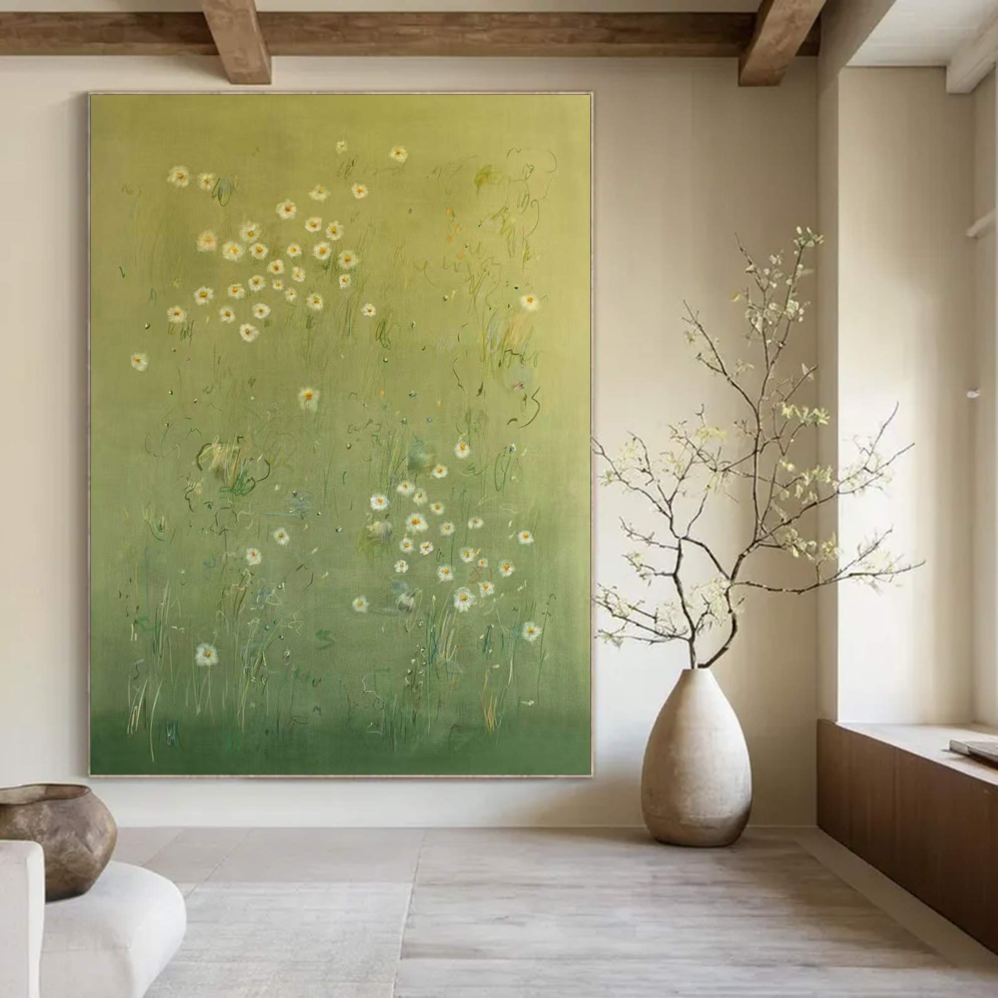Green abstract painting, green plant wall painting, flower painting