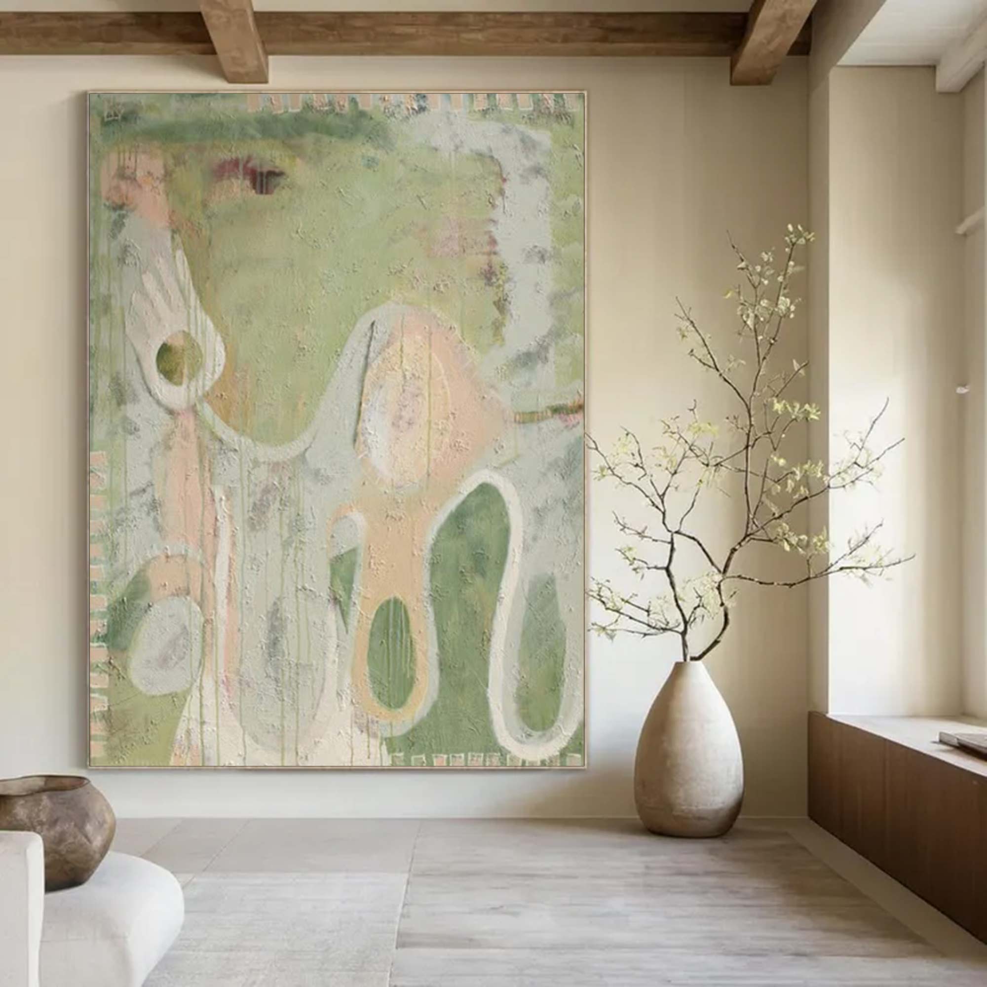 Green abstract painting, green graffiti art, green textured living room wall decor