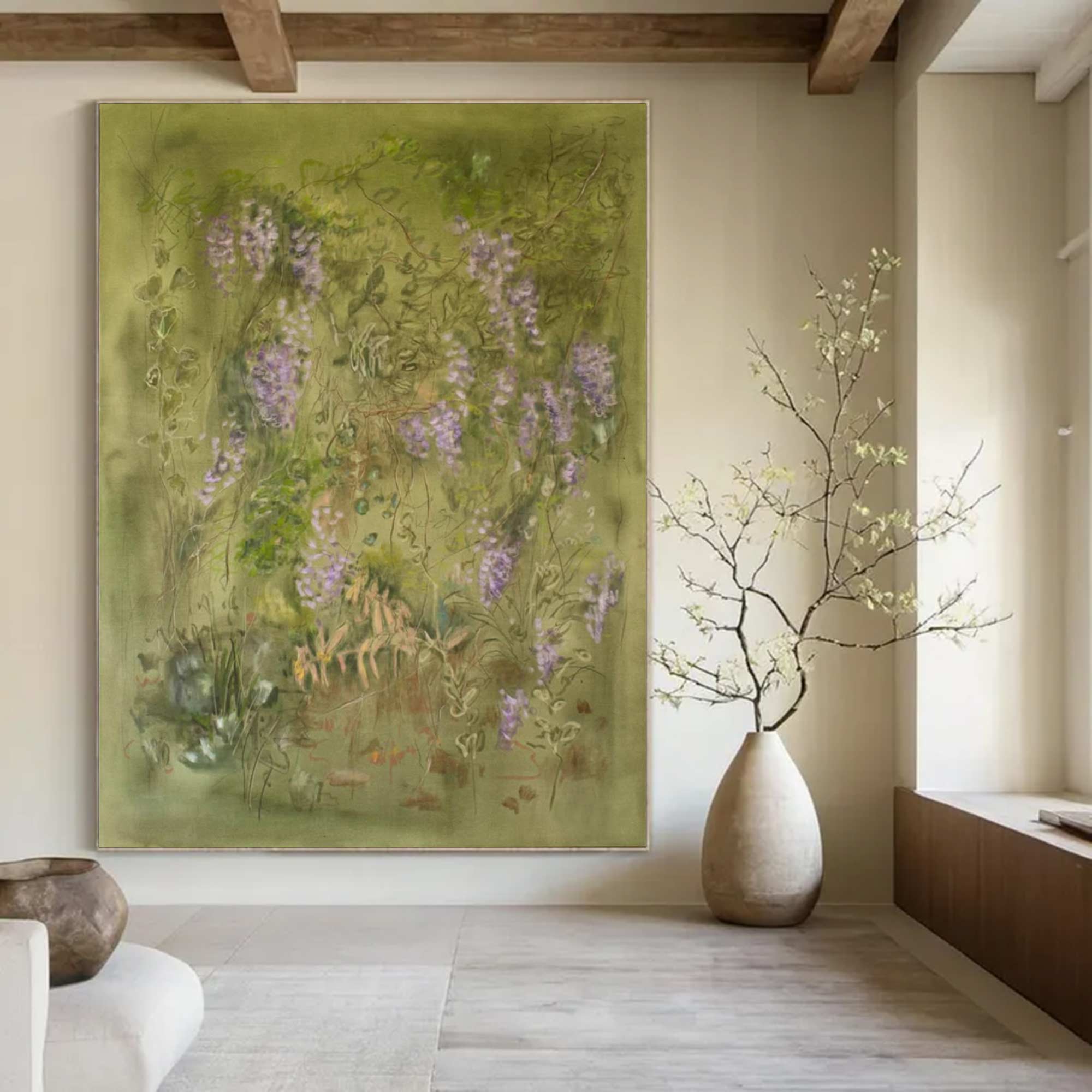 flower painting Green abstract painting, green plant wall painting