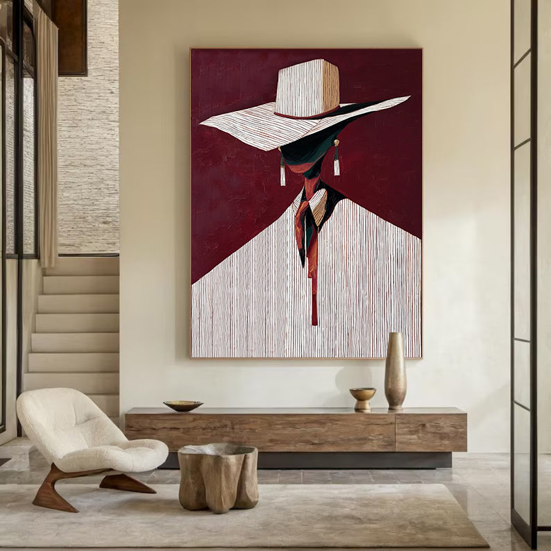Minimalist Figure Painting Burgundy background Abstract Portrait Painting