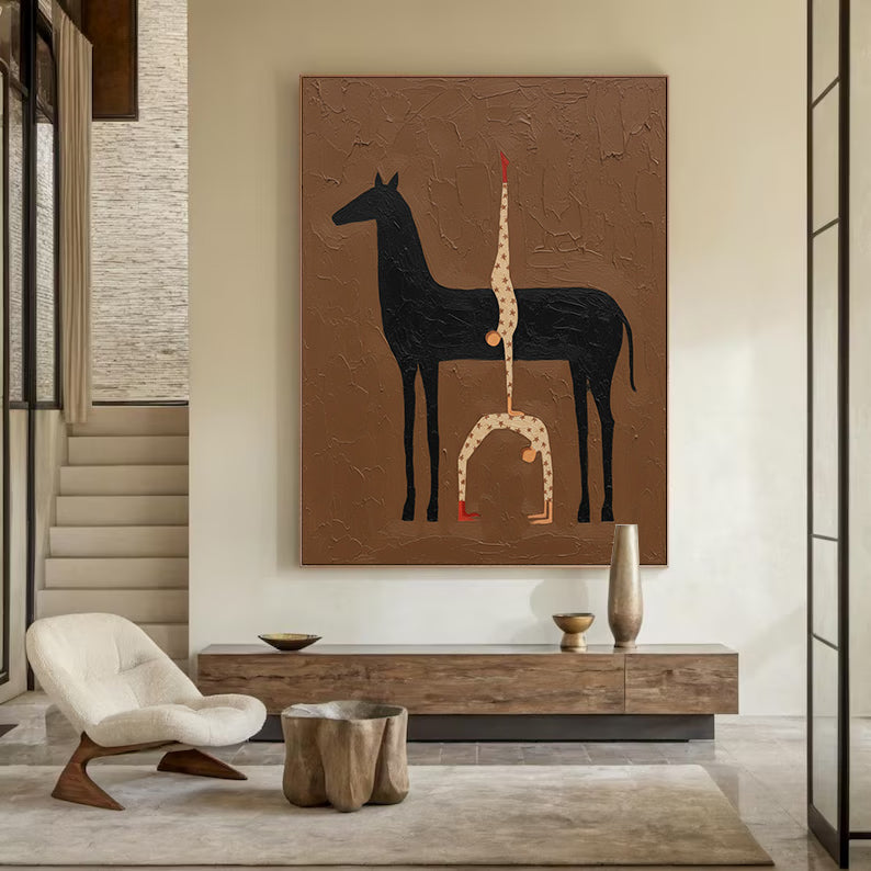 Abstract Horse Art Earth Tone Modern Equestrian Wall Decor Contemporary Folk Art