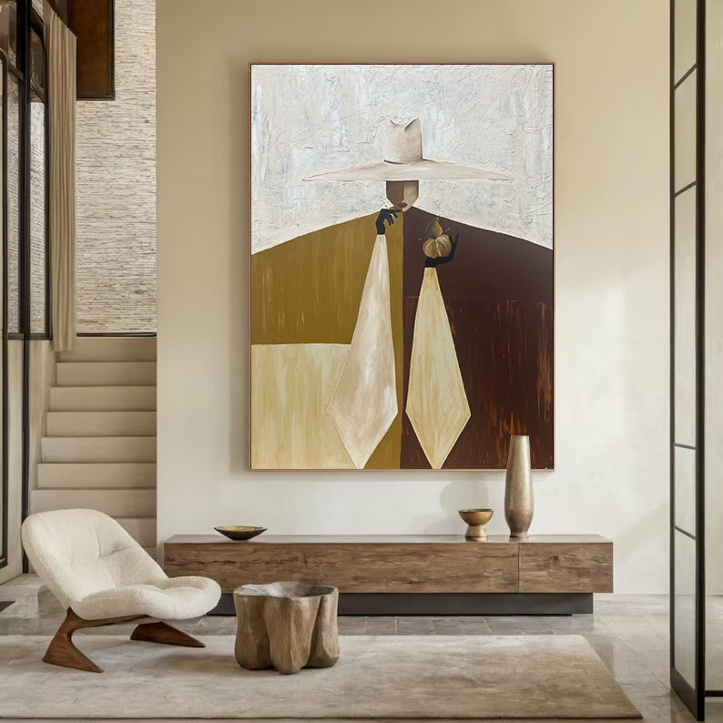 Hand-Painted Mid-Century Modern Abstract Portrait - Earthy Wall Art