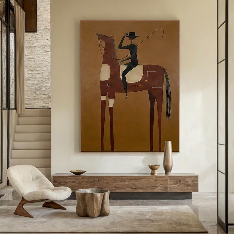 Abstract Horse and Rider Painting Neutral Earth Tone Horse art Decor