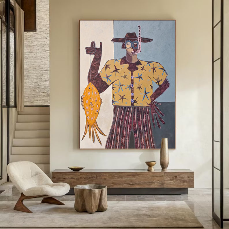 Modern Folk Art Painting, Contemporary Figurative Art Wabi-Sabi Wall Decor