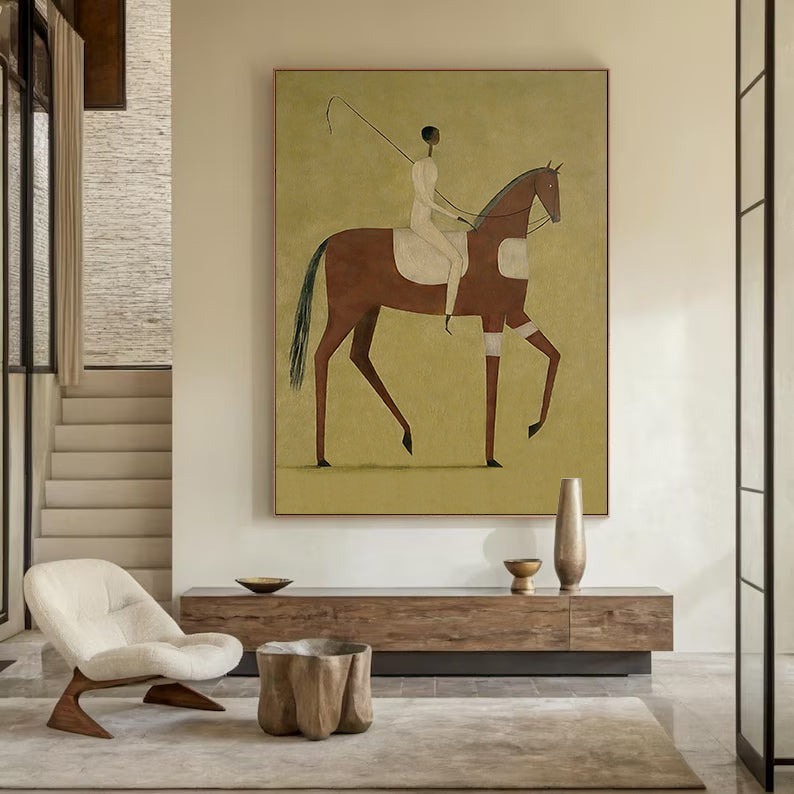 Minimalist black horse painting with red mane and a slim rider on olive green background.