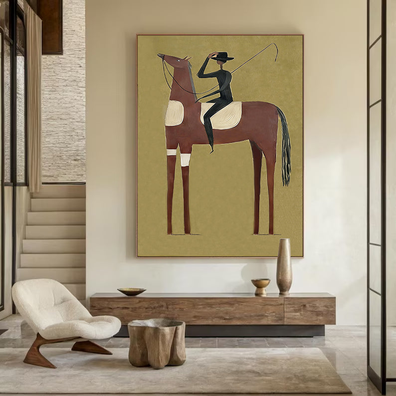 Minimalist black horse painting with red mane and a slim rider on olive green background.