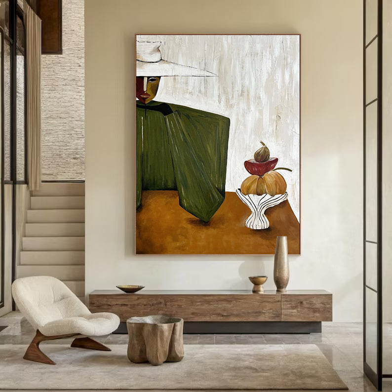Olive Green Mid-Century Modern Abstract Oil Painting - Harvest Still Life