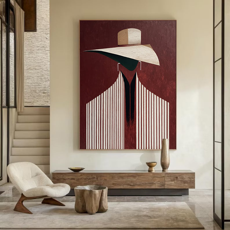 Burgundy background Wall Art Contemporary Abstract Portrait Painting 