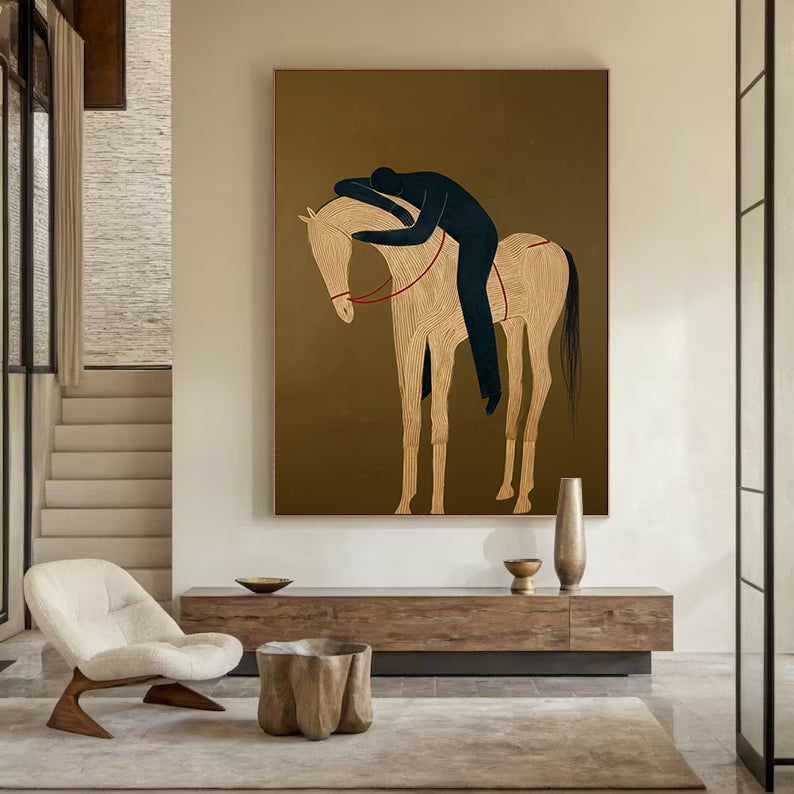 Minimalist Figure & Horse Painting Abstract Horse Art Equestrian Wall Art