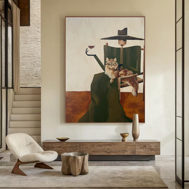 Hand-Painted Woman & Cat Oil Painting | Modern Minimalist Wall Art