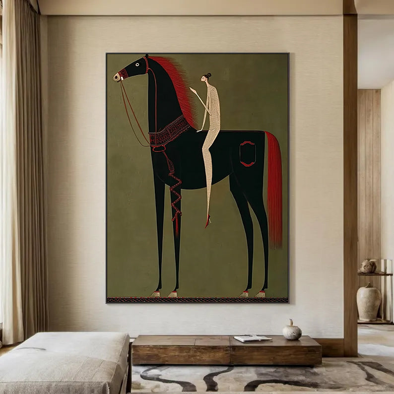Minimalist black horse painting with red mane and a slim rider on olive green background.