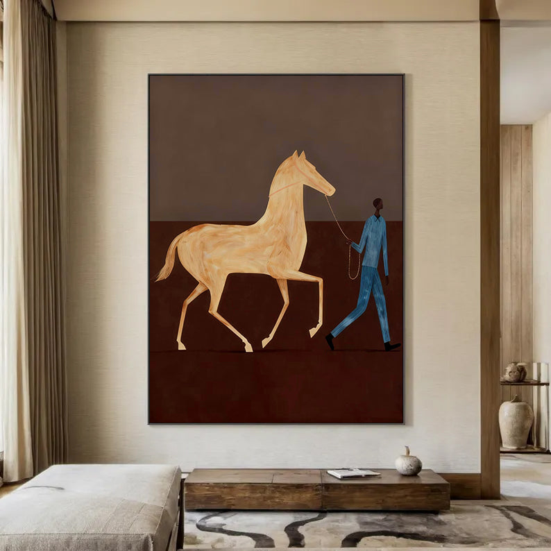 Contemporary Folk Style Horse and Rider Painting  Equestrian Wall Art