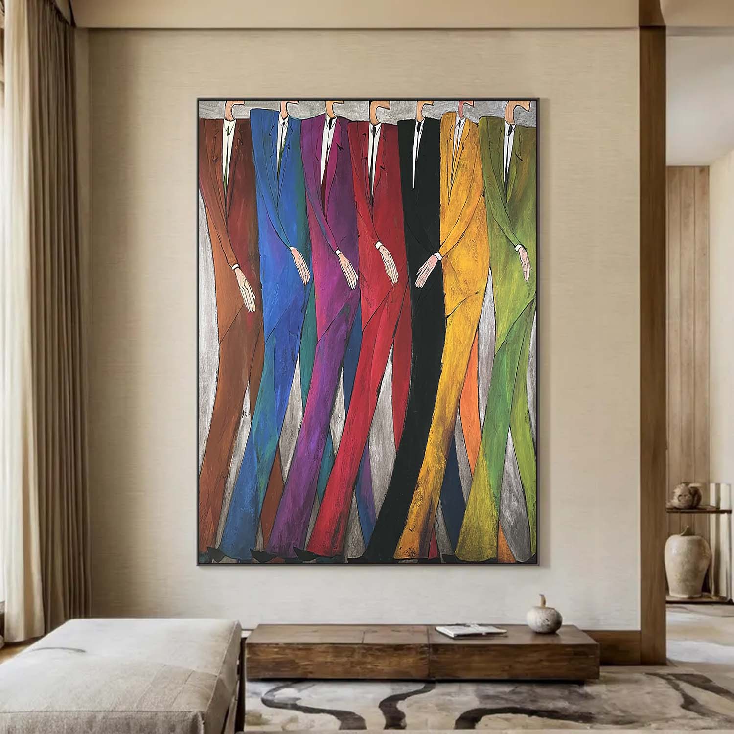 Modern Abstract Figures Painting - Mid-Century Hand-Painted Figures for Office Decor
