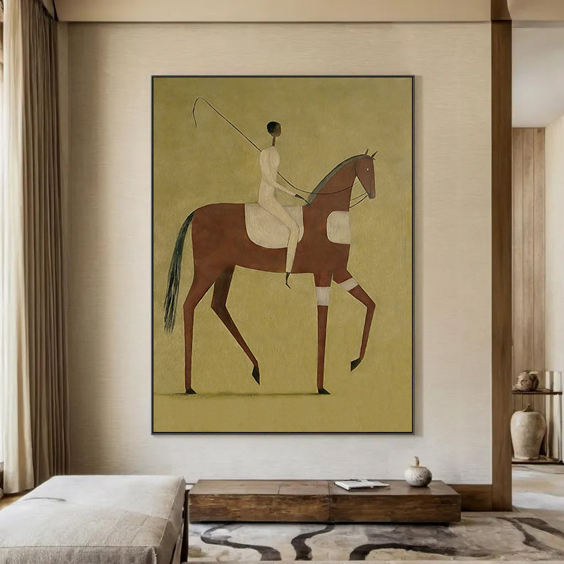 Minimalist black horse painting with red mane and a slim rider on olive green background.