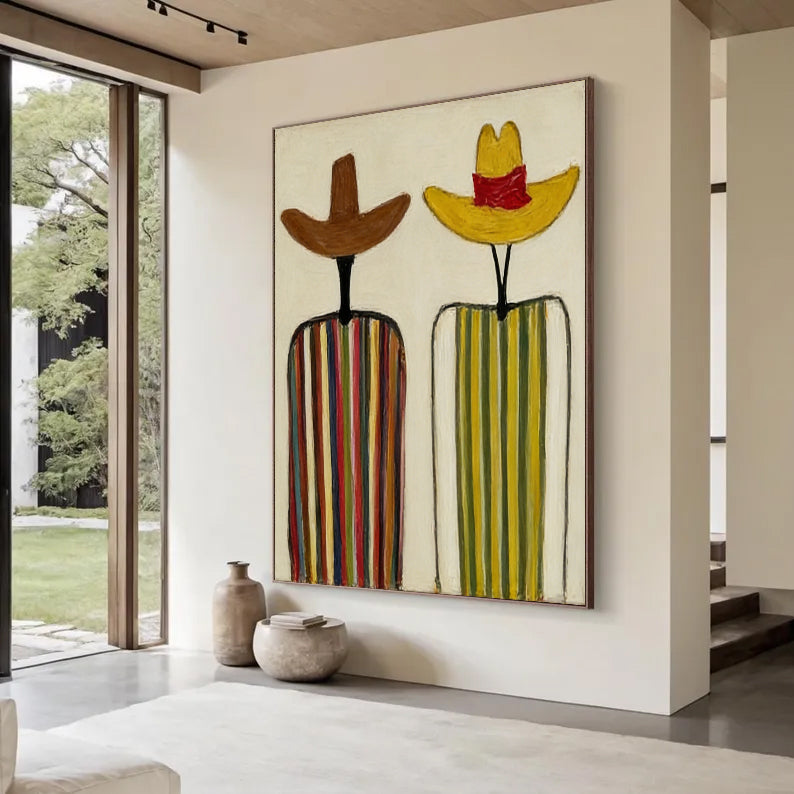 Modern Abstract Cowboy Oil Painting - Hand-Painted Minimalist Figures in Sombreros