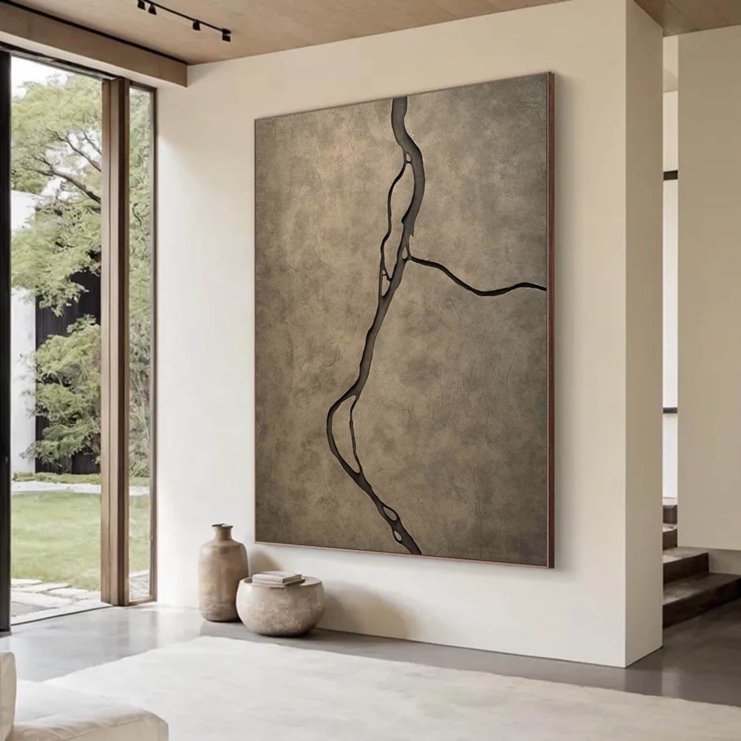 Hand-Sculpted Wabi-Sabi Wood Art - Abstract Earth Vein Texture Painting For Living Room Decor