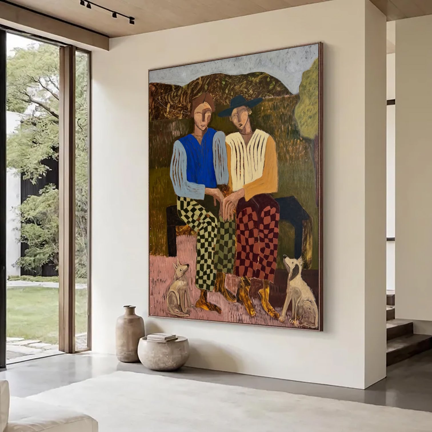 Abstract People and Dogs Art Modern Figurative Oil Painting Mid-century Modern Decor