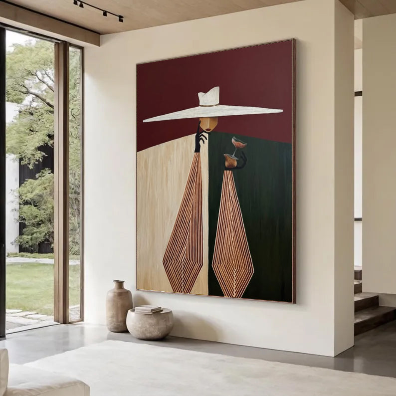 Burgundy Background Art Geometric Hand-Painted Abstract Oil Painting