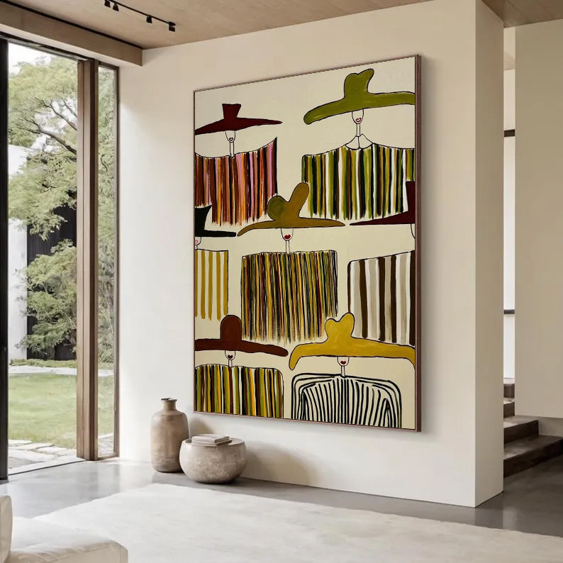 Hand-Painted Abstract Portrait Oil Painting - Modern Chic Women in Wide-Brimmed Hats
