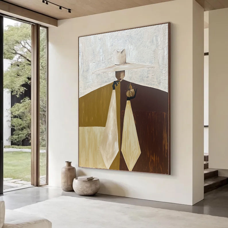 Hand-Painted Mid-Century Modern Abstract Portrait - Earthy Wall Art