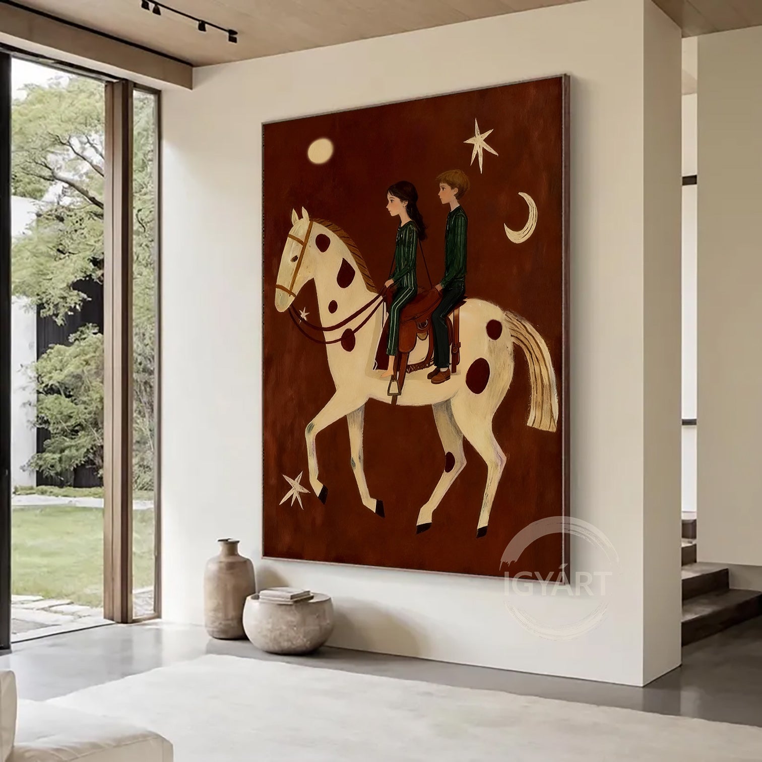 Mid-century Modern Folk Art Boho Wall Art Equestrian Oil Painting