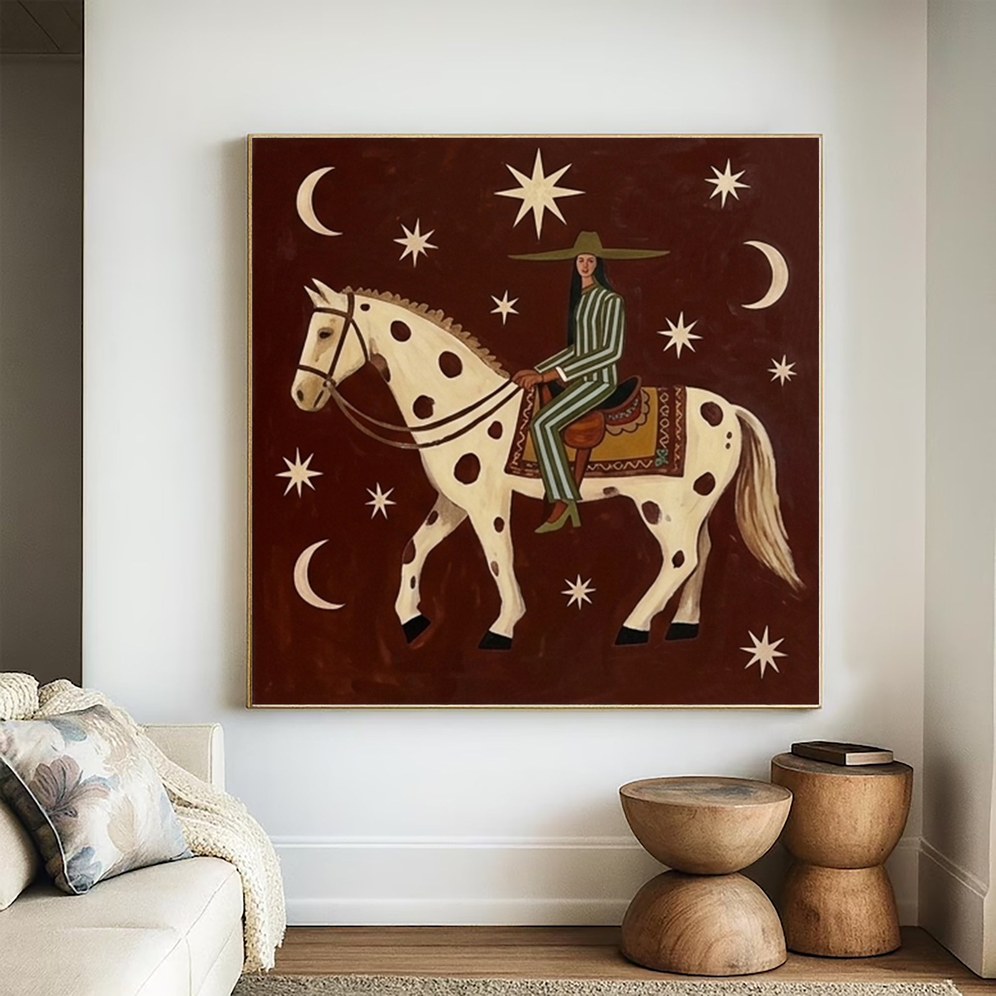 Woman on Horseback Original Hand-painted Oil Painting Modern Folk Art