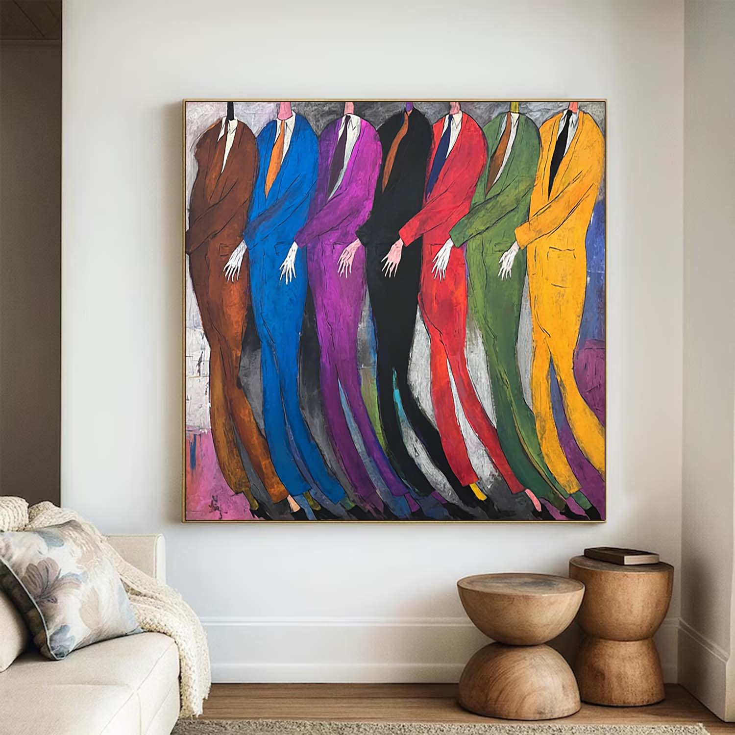 Hand-Painted Colorful Abstract Men in Suits Oil Painting - Expressionist Figurative Wall Art