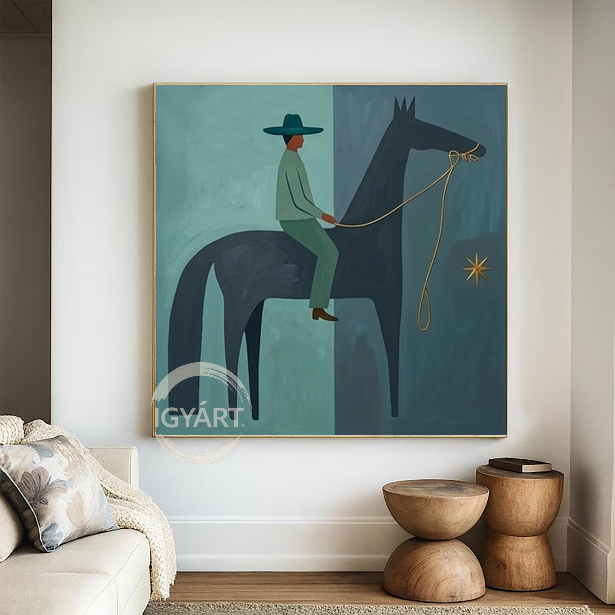 Modern Folk Art Horse Rider Painting Mid-century Modern Art Painting