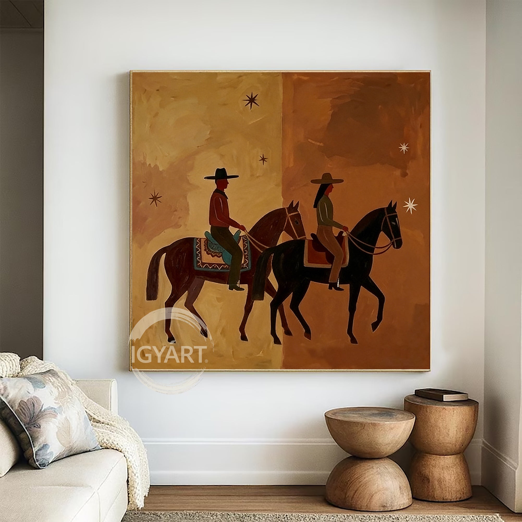 Western wall art of a man and woman riding horses side-by-side under stars, mid-century modern aesthetic, brown and beige split-tone background.