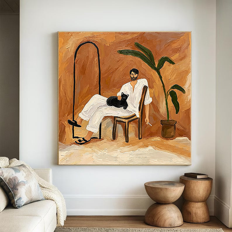 Hand-Painted Portrait Oil Painting - Man with Black Cat, Mid-Century Modern Wall Art