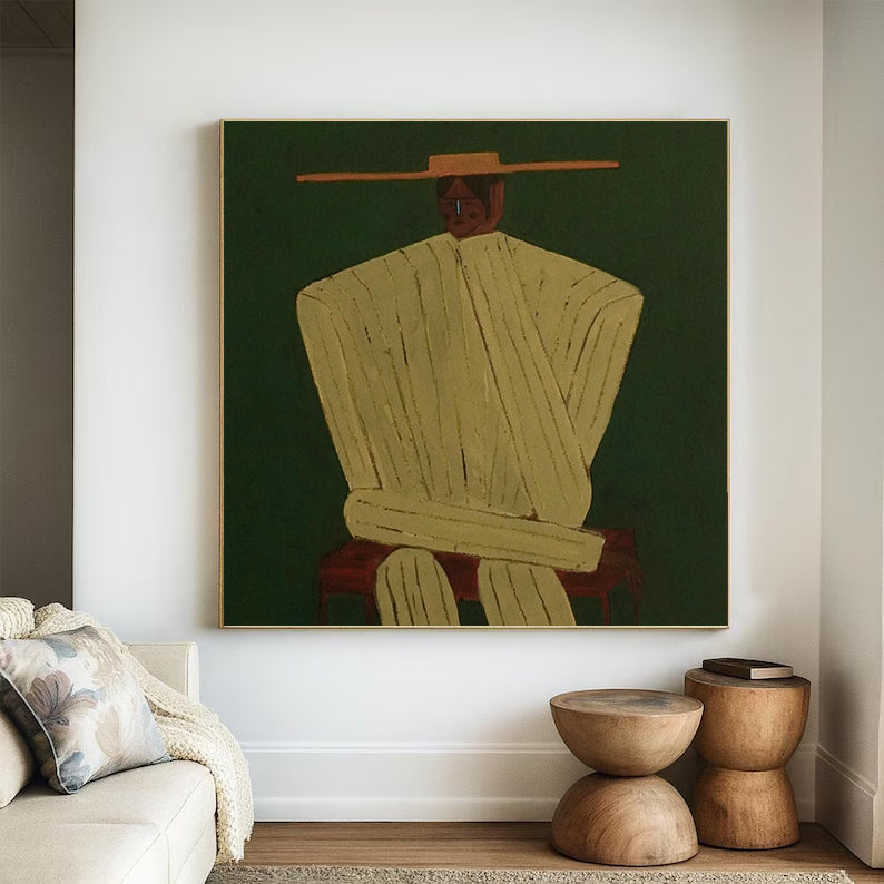 Rustic Minimalist Figurative Painting - Modern Folk Art Style Painting