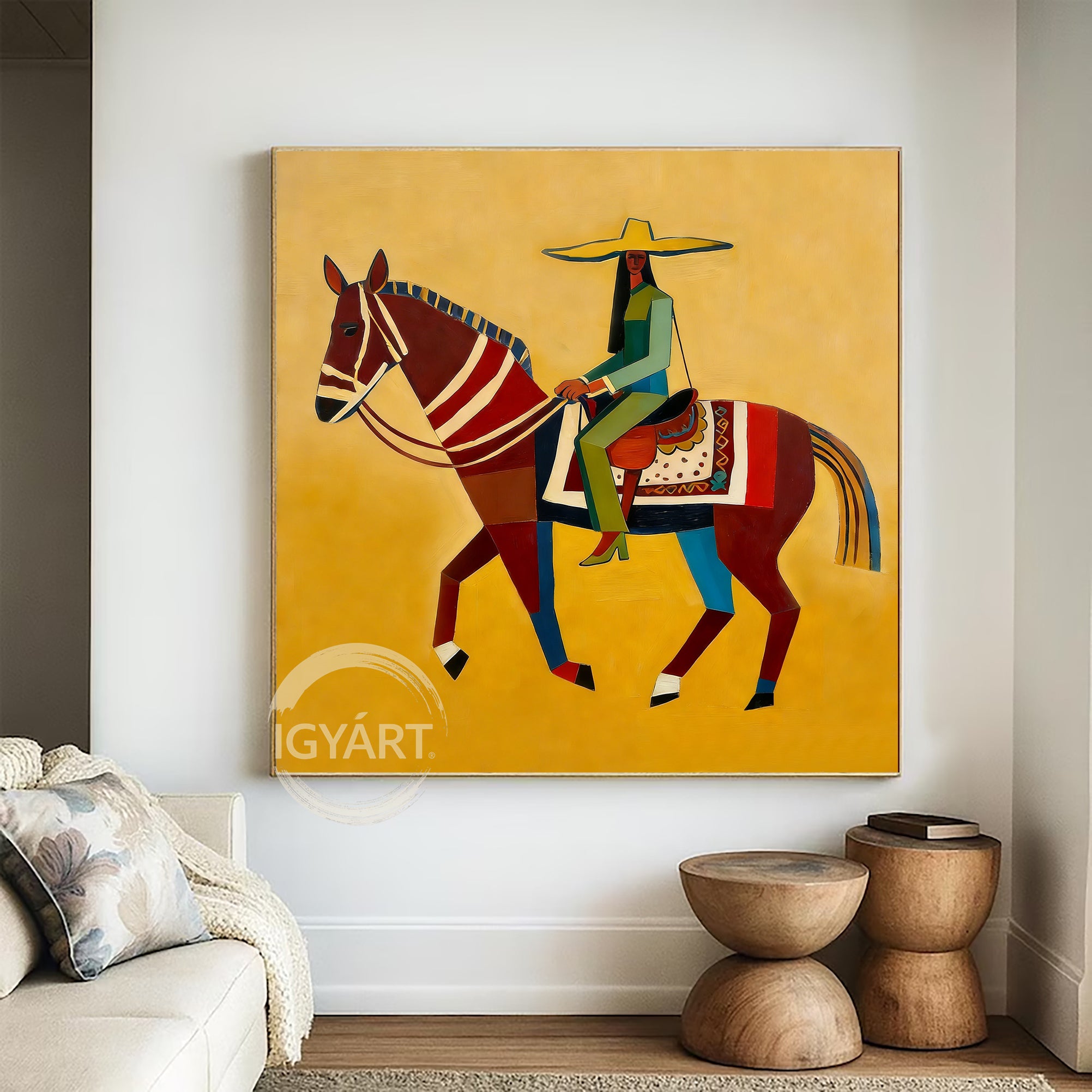 Modern Folk Art Horse Painting Abstract Horse Rider Wall Painting