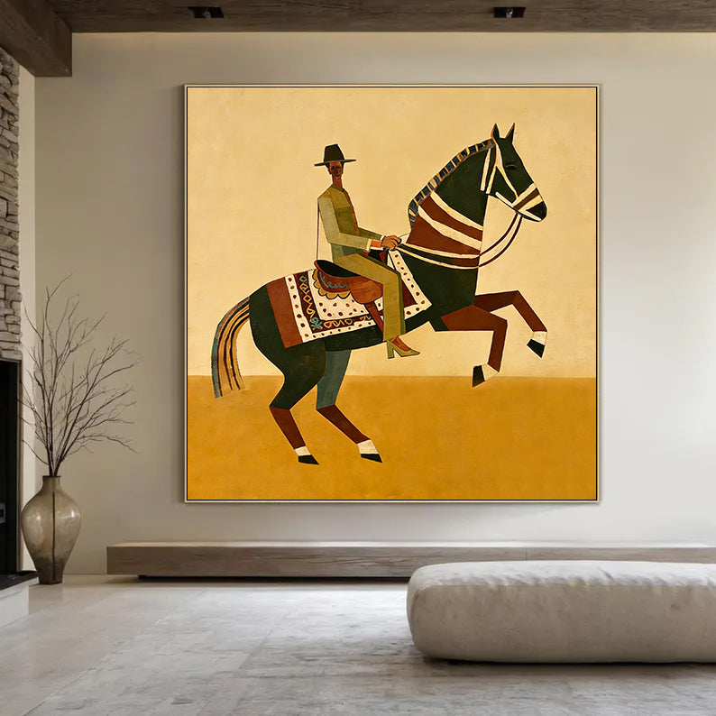 Modern folk art painting of a rider on a geometric horse with a yellow background