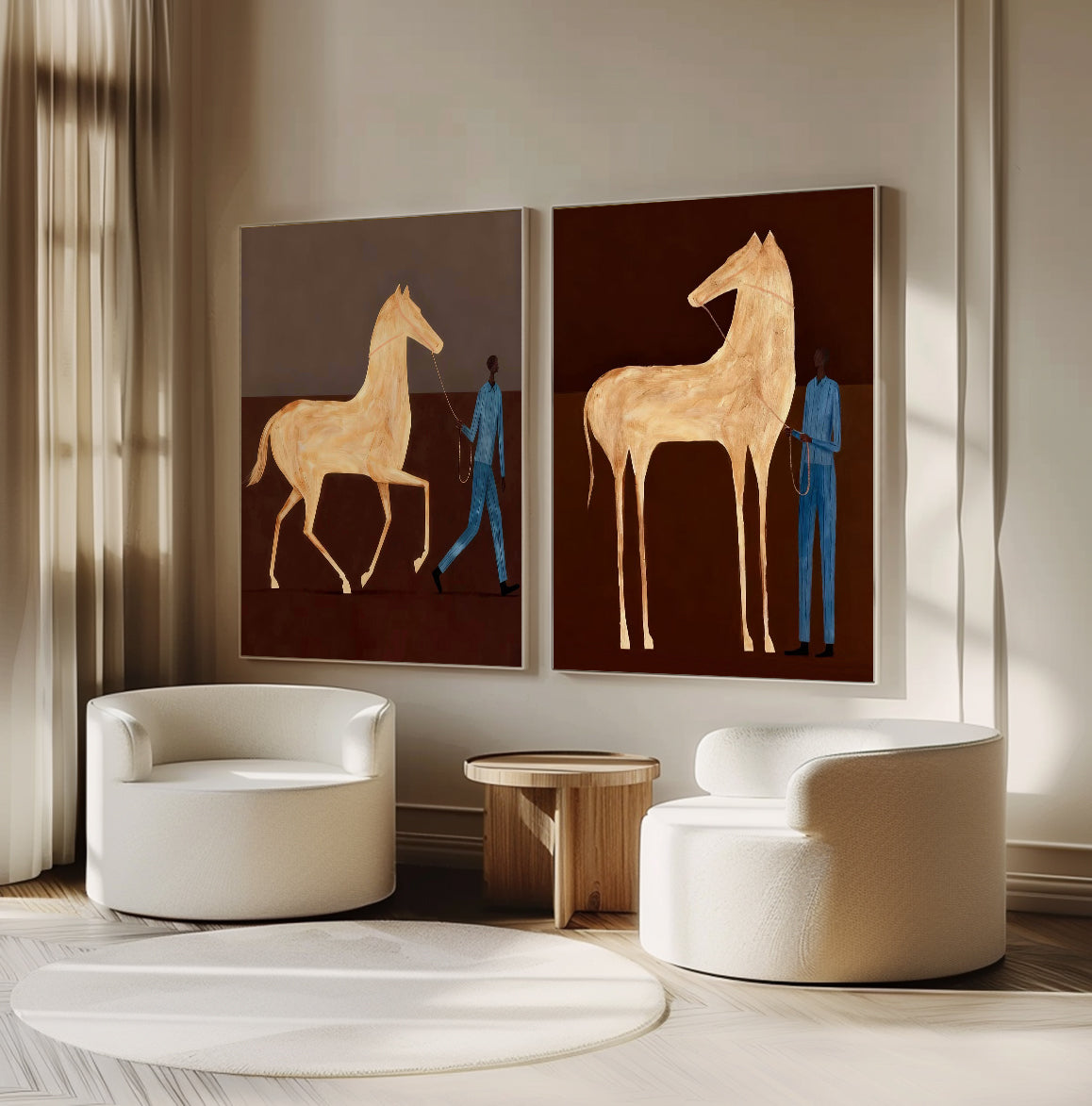 Set of 2 Earth Tone Decor Equestrian Wall Painting Man and Horse Painting
