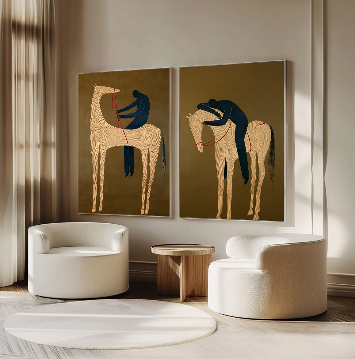 Set of 2 Equestrian Art Decor Minimalist Horse and Man Painting