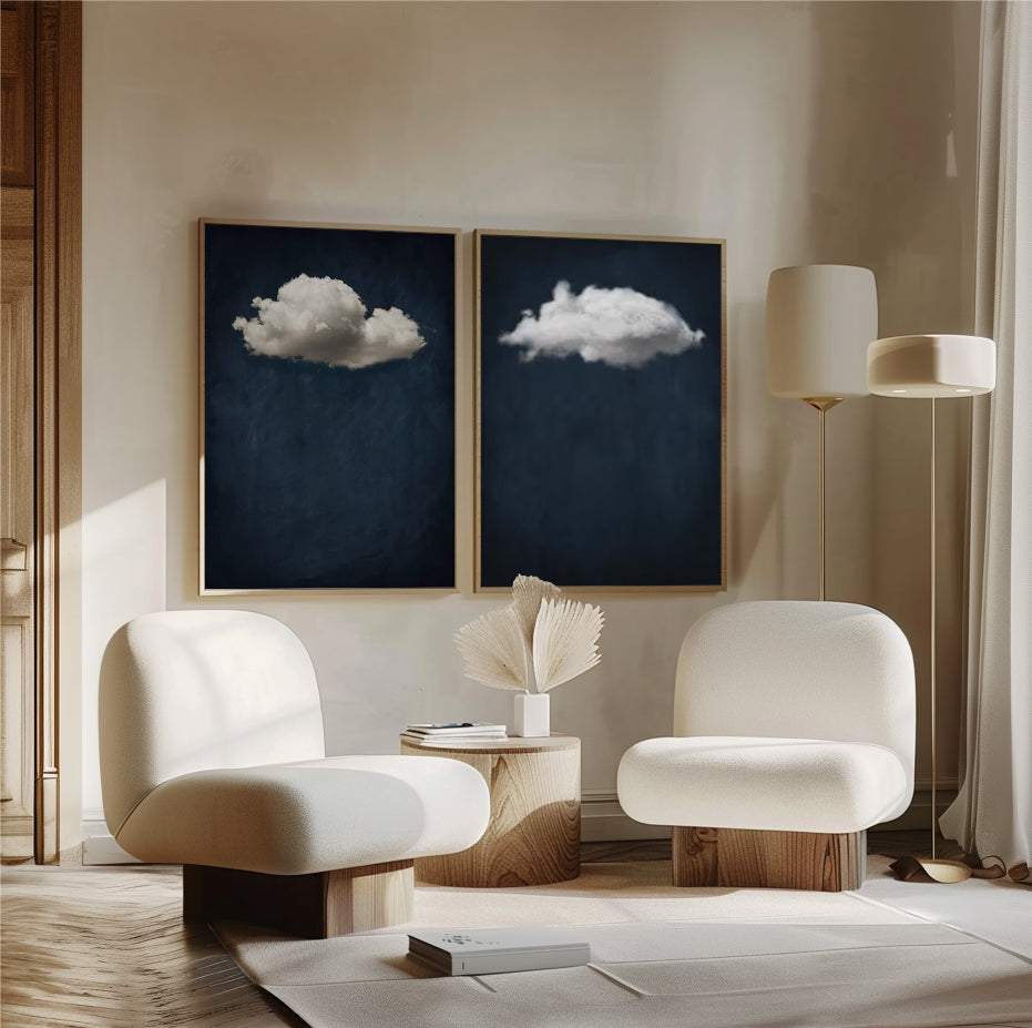 Set of 2 Blue painting white cloud sky painting Blue abstract painting