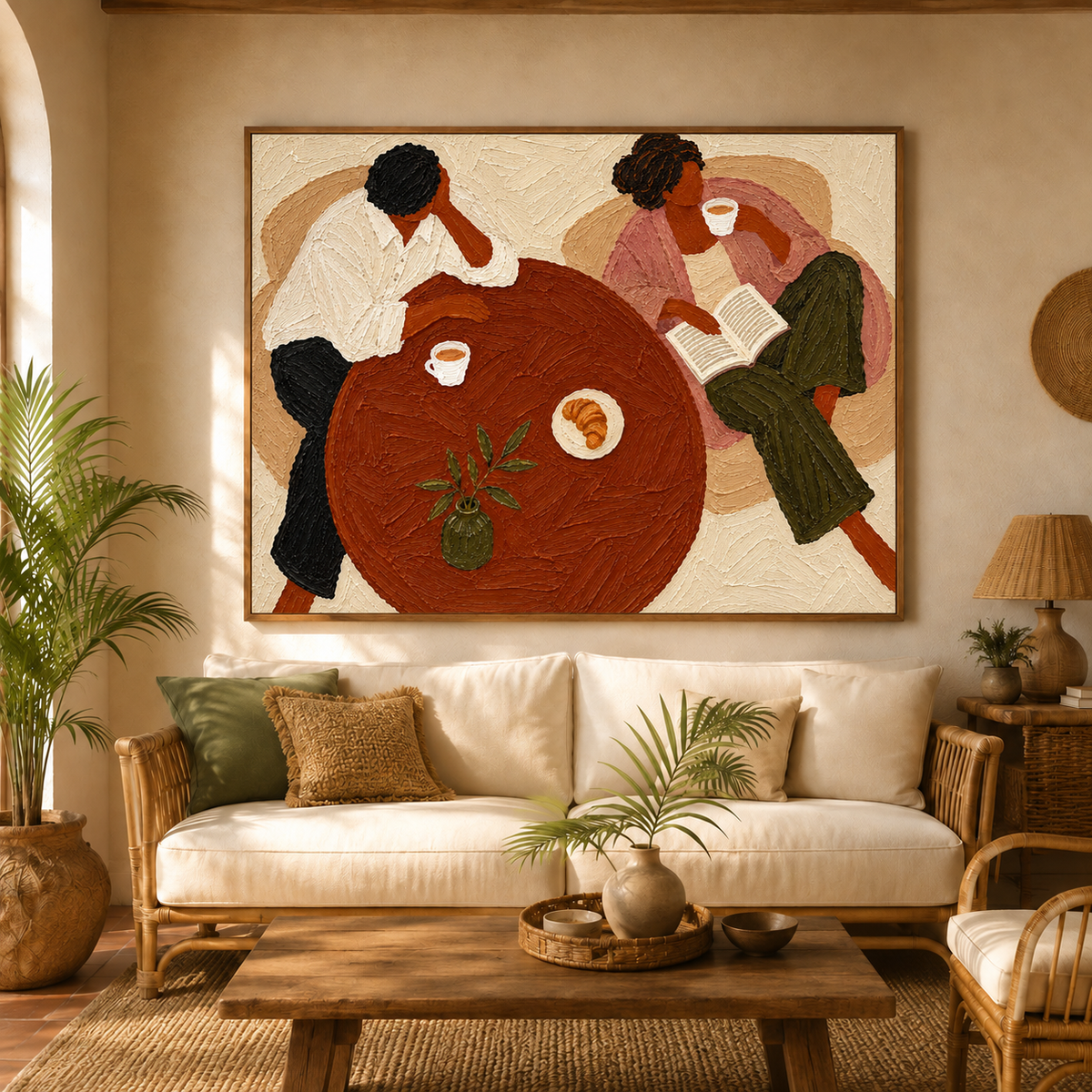 Vintage Couple Coffee Scene Hand-Painted Canvas Wall Art In Earth Tones