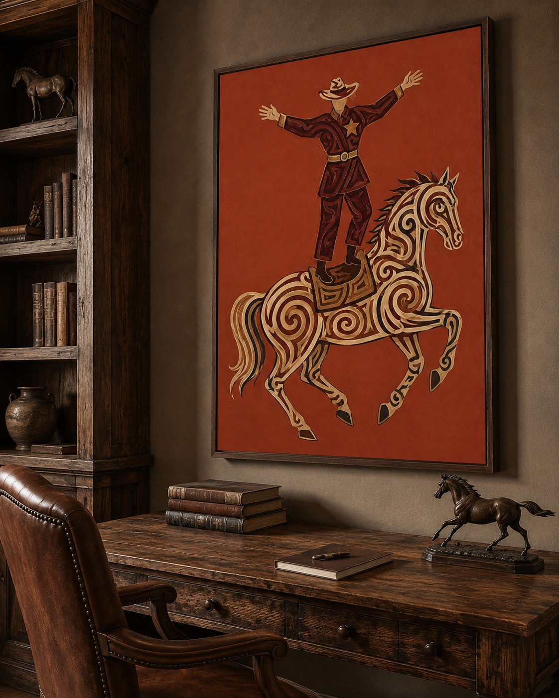 Western Cowboy Painting, Ornate Horse, Southwestern Folk Wall Art, Rustic Ranch Decor
