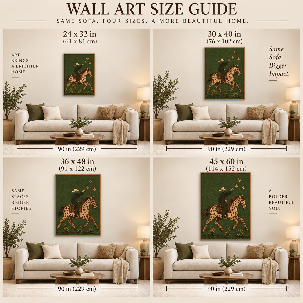 Cowboy And Spotted Horse Canvas Painting With Butterflies In Green