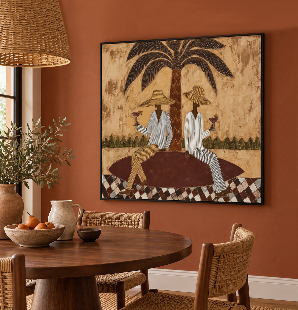 Retro Tropical Figurative Painting With Checkerboard Base Original Canvas