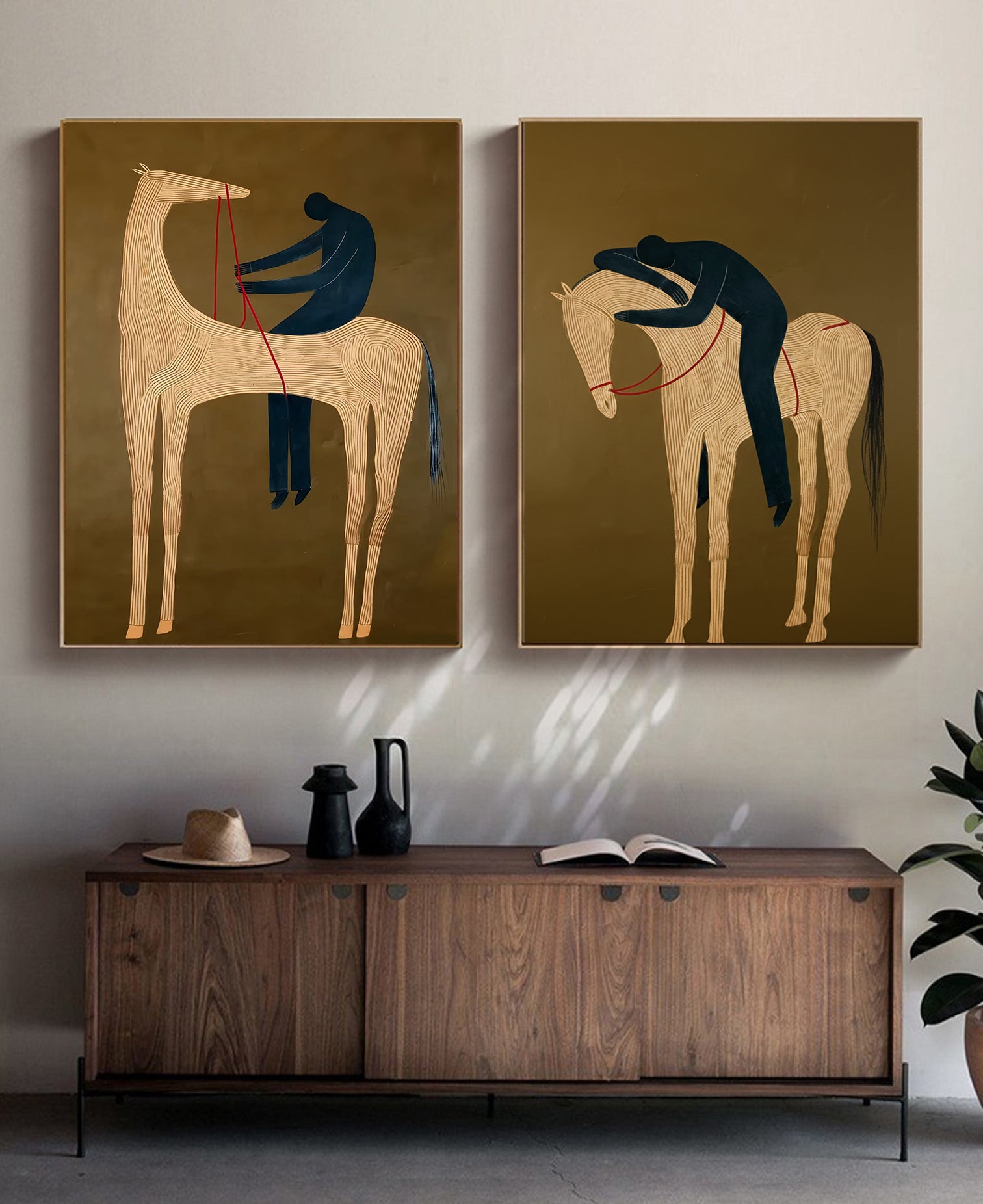 Set of 2 Equestrian Art Decor Minimalist Horse and Man Painting