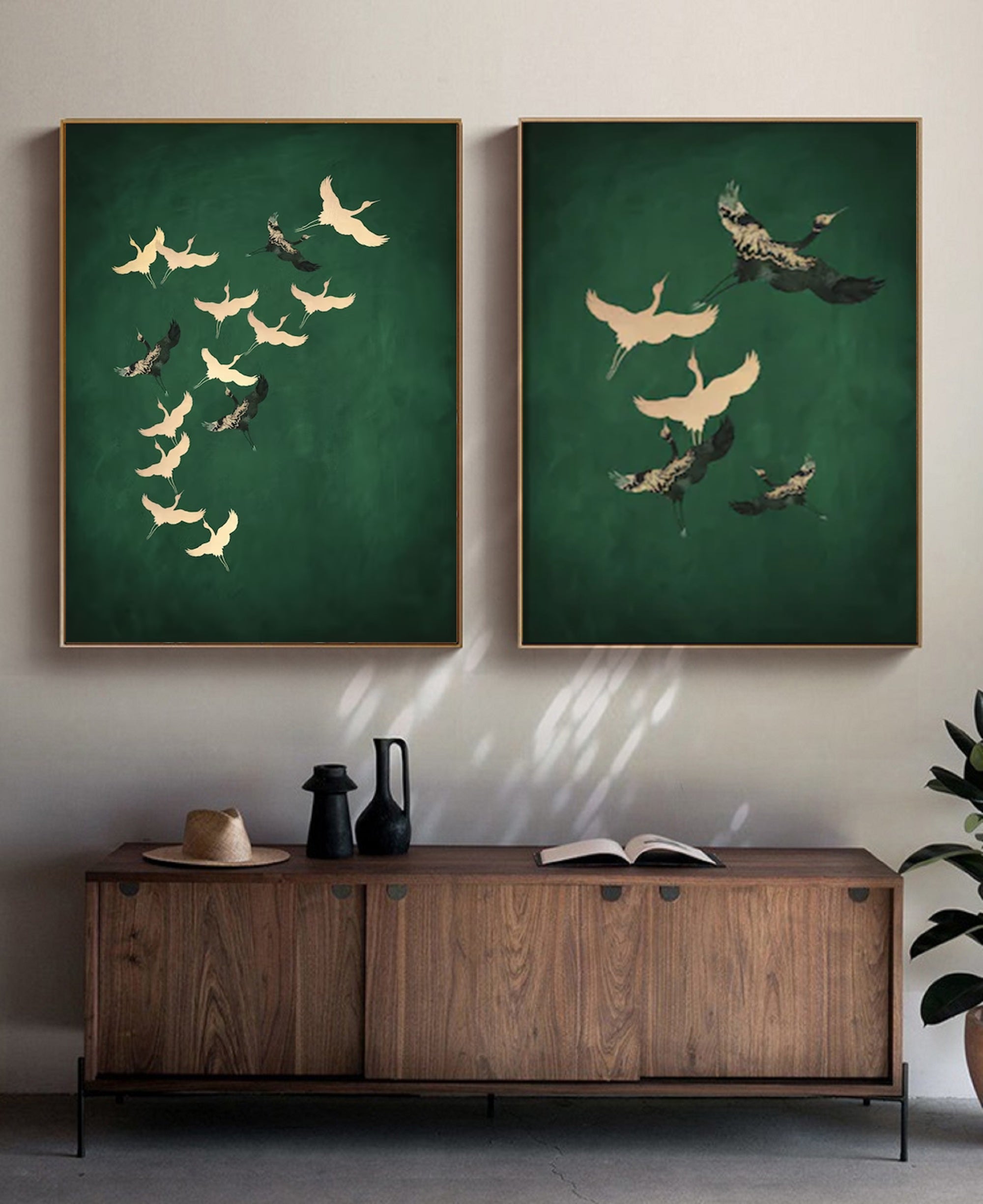 Set of 2 green art painting White crane painting, bird painting