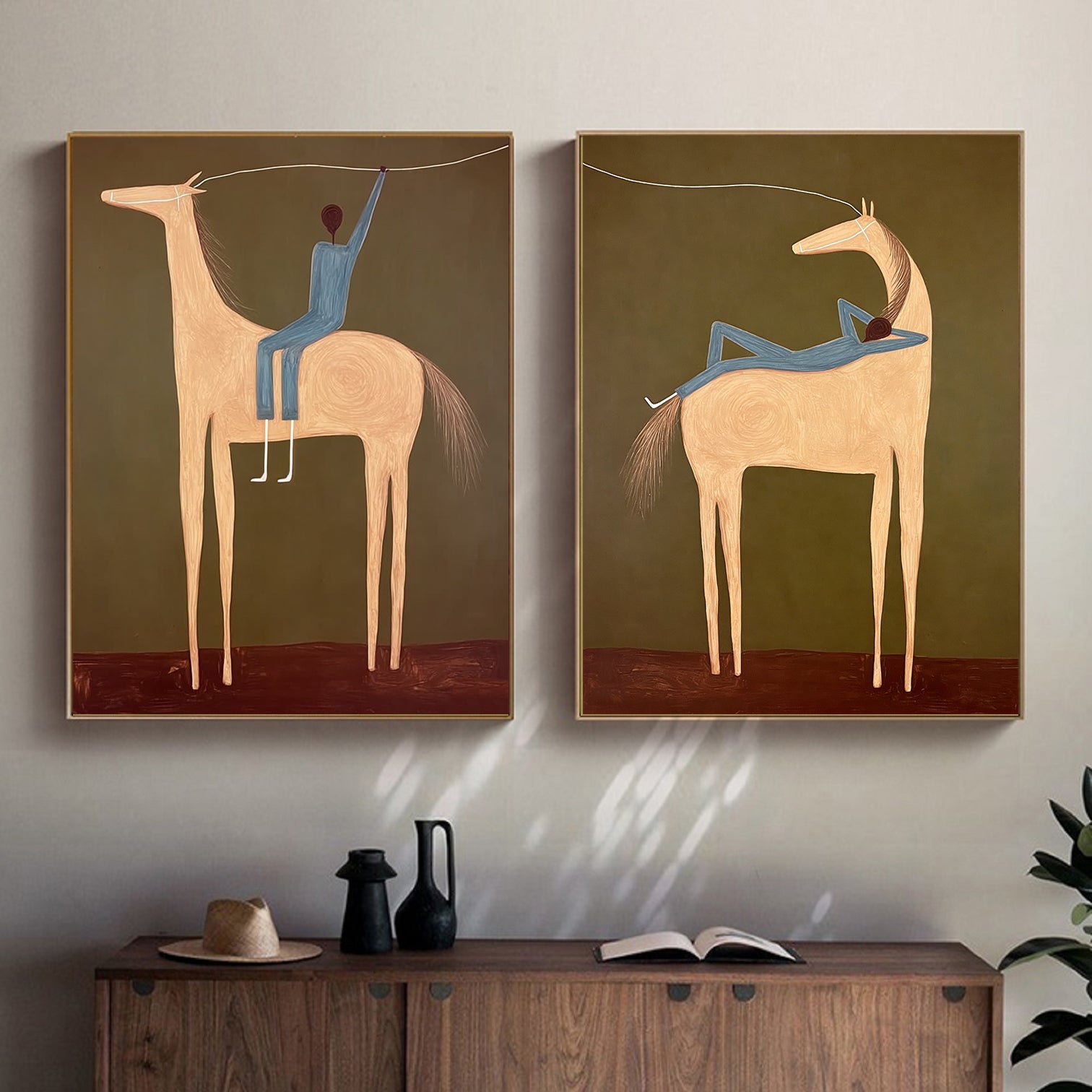 Set of 2 Equestrian Art Decor Earth Tone Minimalist Horse and Man Painting